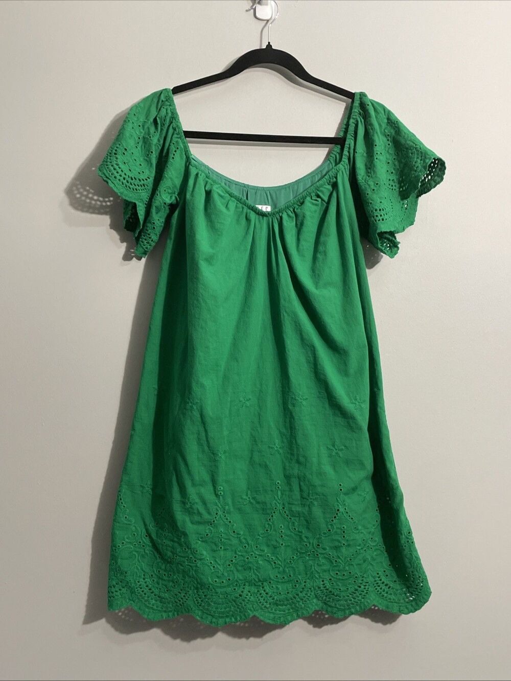TECE Green Dress Womens Large Embroidered Eyelet Scalloped Bohemian L